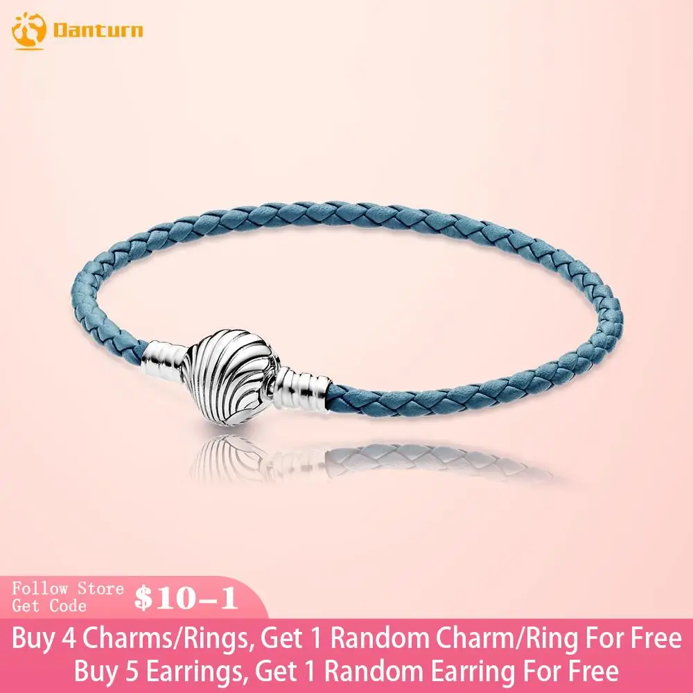 Danturn 925 Sterling Silver Bracelet Seashell Clasp Turquoise Braided Leather Bracelet Women DIY Jewelry Making Birthday Gift