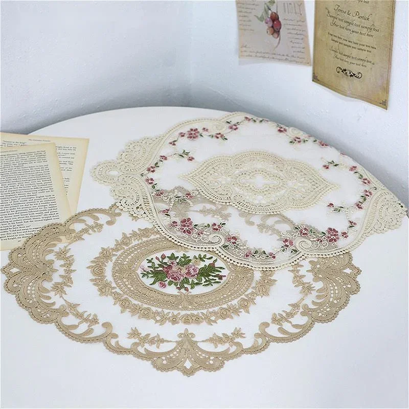 

hollow-carved design European oval embroidered lace material coaster coffee pad for table kitchen clog Christmas wedding