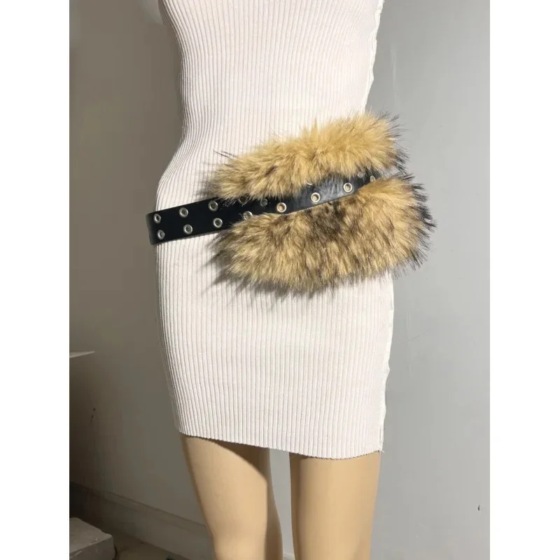 Faux fur brown fur black pointed belt air hole