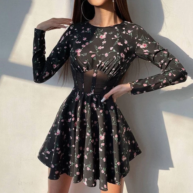 

Female Flower Print O Neck Slim Dress Elegant Hollow Out Mesh Party Mini Dress Fashion Long Sleeve Holiday Pleated A-Line Dress