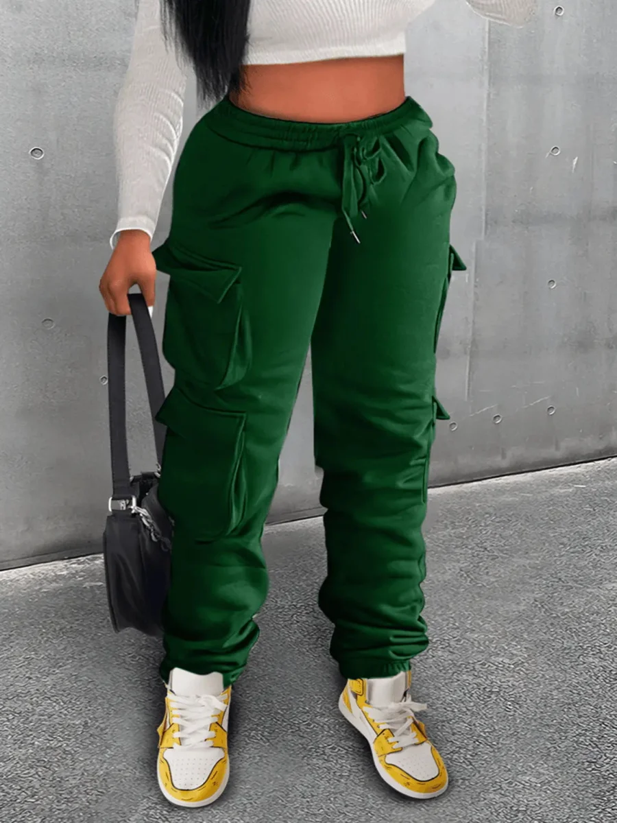 LW Plain Pocket Sweatpants Side Pockets Drawstring Cargo Pants Women Stretchy Trendy Casual Trousers pants women joggers exercise waist drawstring leisure sport pants with pockets women soft stretchy workout gym cropped trousers