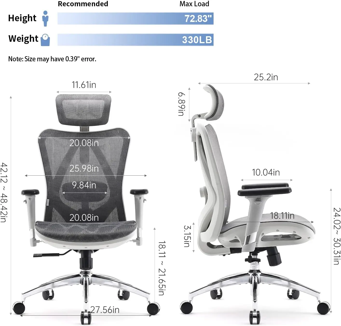 M57 Ergonomic Office Chair with 3 Way Armrests Lumbar Support and Adjustable Headrest High Back Tilt Function Light Grey 3