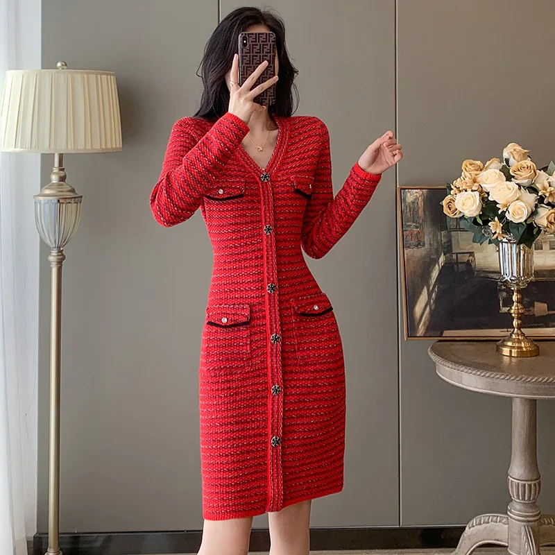 

Women's Autumn Winter New Style V-Neck Fragrant Knitted Red Dress