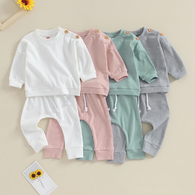 

2023-09-04 Lioraitiin 0-24M Infant Baby Boys Girls Waffle Fall Outfits Solid Color Long Sleeve Sweatshirt Tops Pants Clothes Set