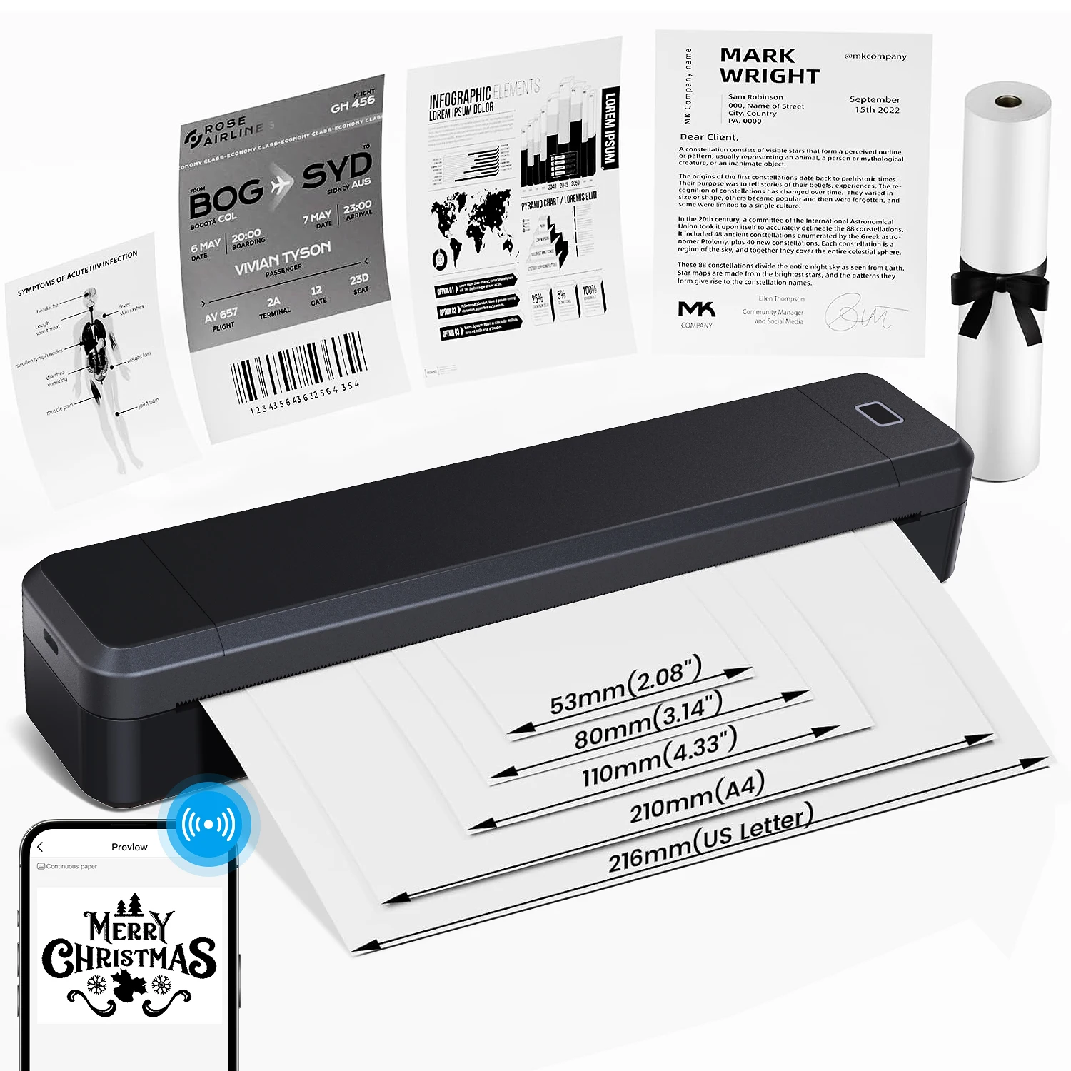 Portable Printer Thermal Printer Bluetooth-compatible A4 Inkless Document Printing Machine Paper Roll for Office Work Home - 4