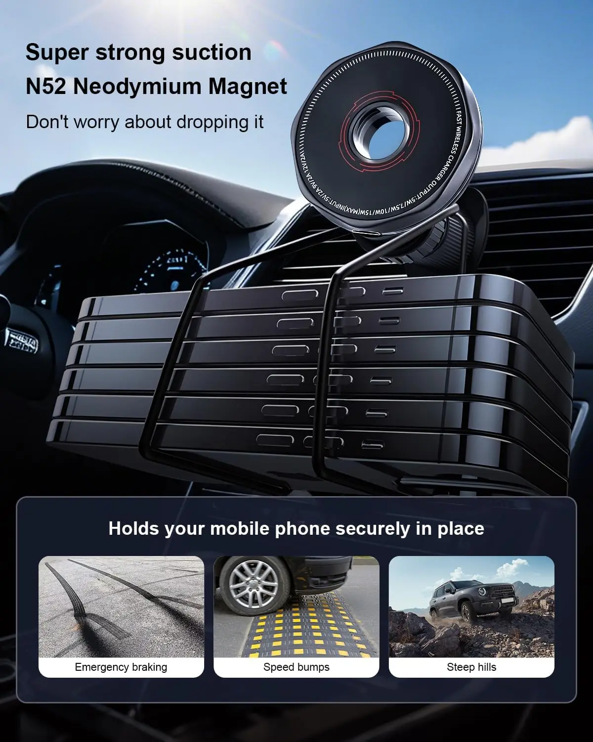 15W Wireless Car Charger Mount Air Vent Magnetic Mount for iPhone 16 Pro Max 15 14 13 12 & Samsung 360°Rotation Car Phone Holder