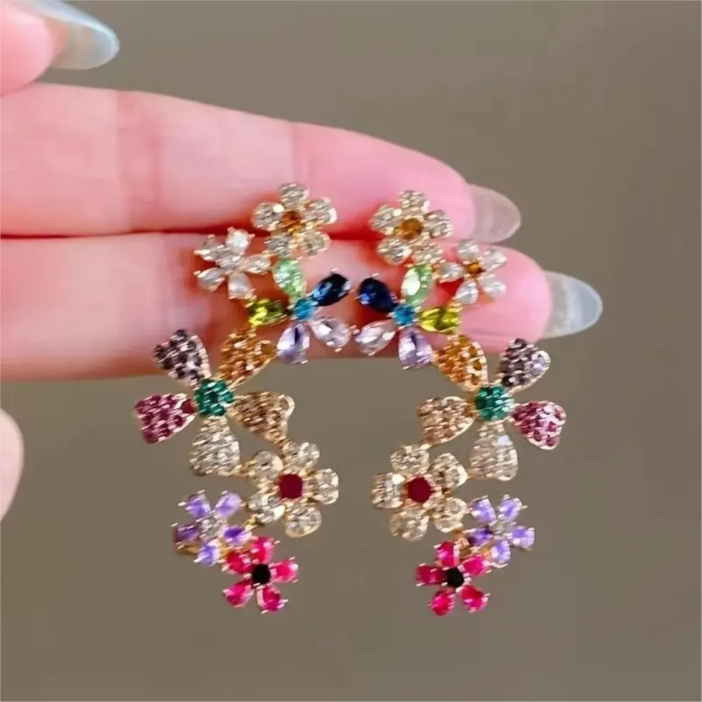 Elegant Sweet Colorful Flower Stud Earrings for Women Coated Multicolor Zircon Earrings Party Jewelry Gifts