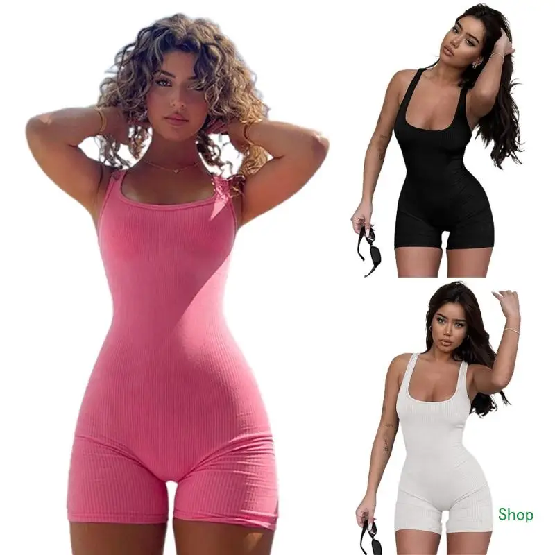 

L5YC Womens Jumpsuits Unitard Bodysuits One Piece Shorts Rompers Summer Yoga Sleeveless Backless Ribbed Bodycon Outfits