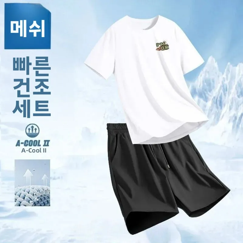 남성용 반팔 반바지 세트 아이스 실크 속건 런닝 스포츠웨어 5부 길이 캐주얼 여..