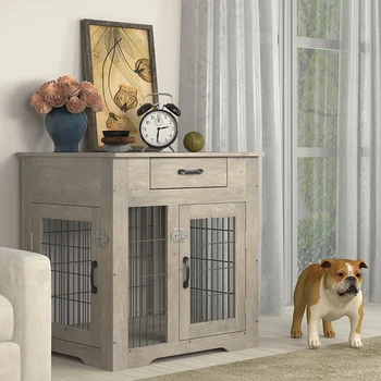 Furniture Style Dog Crate End Table with Drawer, Pet Kennels with Double Doors, Dog House Indoor Use,29.9''x24.8''x30.71'' 3