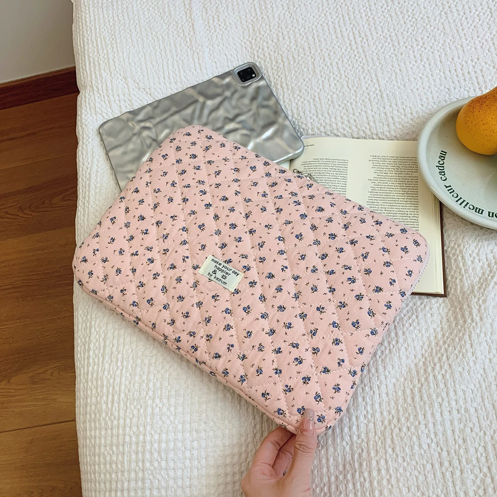 Korean Flower Printed Laptop Carrying Case Quilted Notebook Protective Sleeve Cute INS Grid Handbag for 11-15 Inch Laptop Tablet