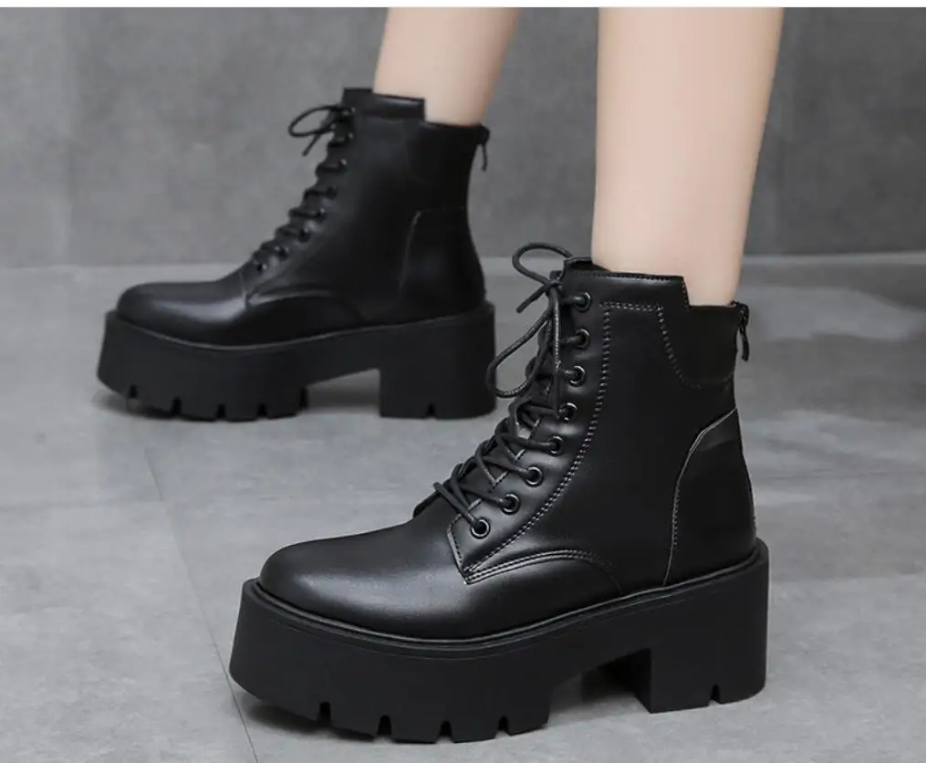 Women's Ankle Boots Lace Up Square Toe Ladies Boots Thick Bottom Non-slip High Heels Female Shoes Winter Footwear Boots Large