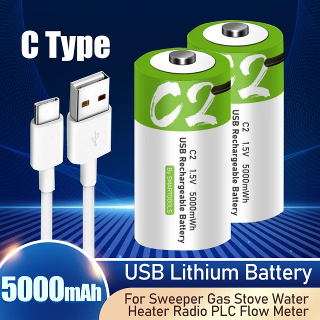 1.5V 5000mAh Size C C2 USB Li-ion Lithium Rechargeable Battery With USB  Cable For Radio Water Heater Gas Stove LED Flashlights - AliExpress
