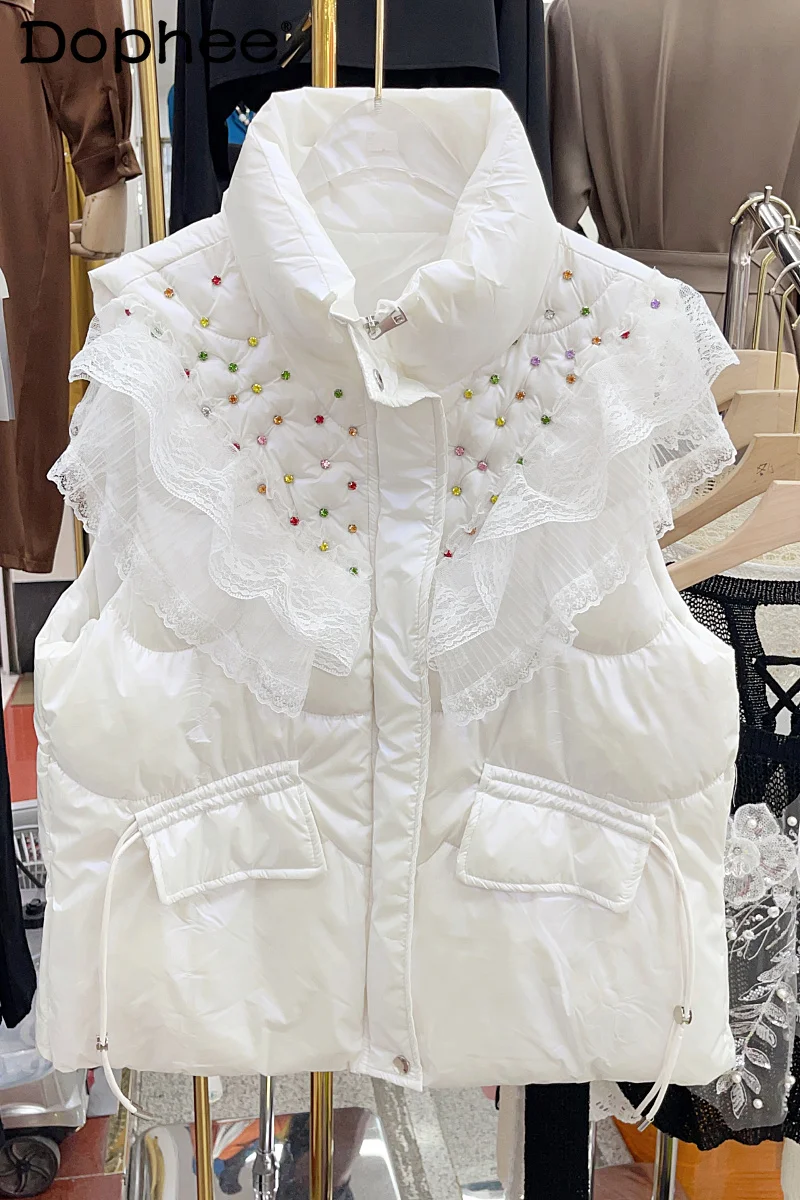 

2023 Winter Heavy Industry Beads Cotton Vest Coat Women's Elegant Warm Thick Lace Warm Sleeveless Waistcoat Vest Jacket Fashion