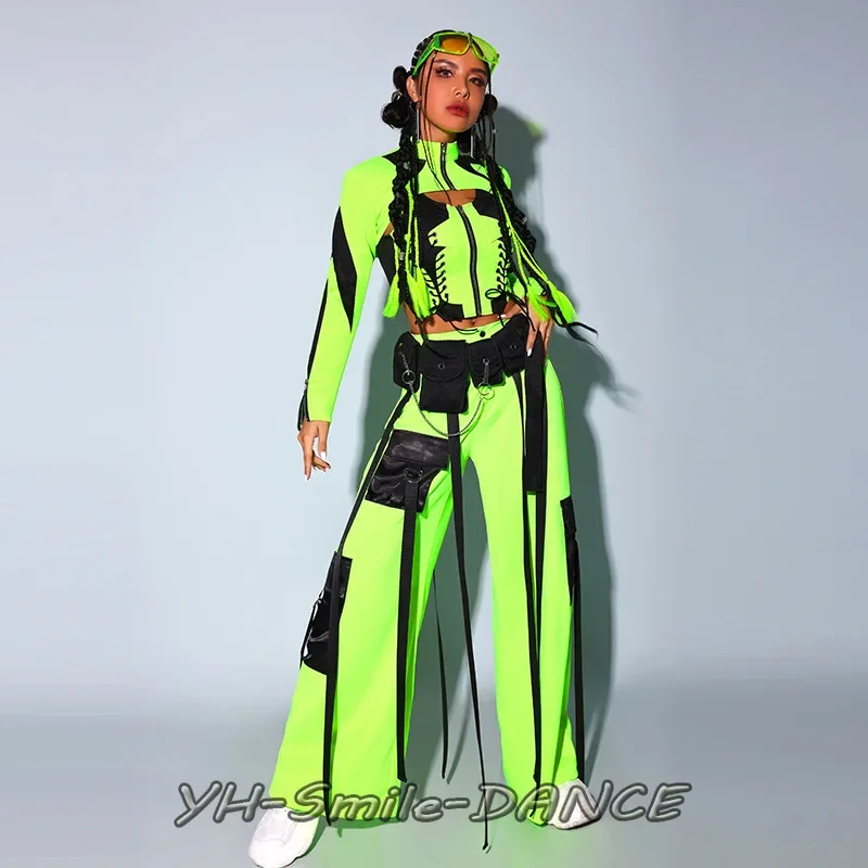 

Adult Hip-hop Jazz Dance Wear Costume Women HipHop Fluorescent Green Suits Catwalk Dancer Stage Performance Gogo Dancer Costume