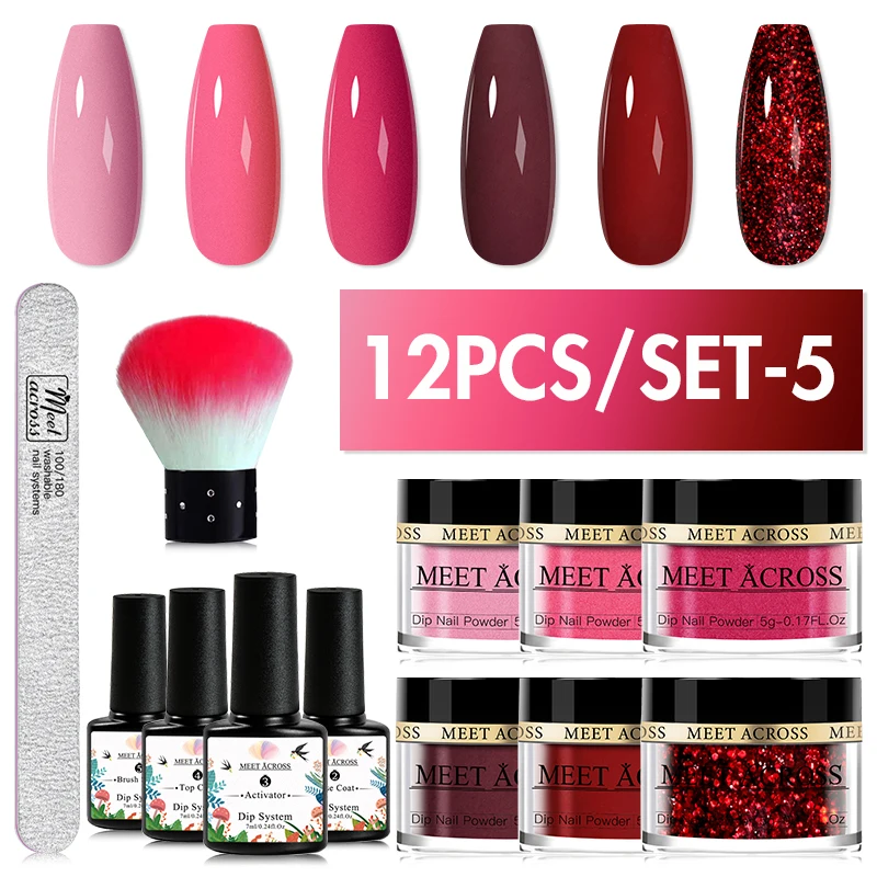 MEET ACROSS 12Pcs/Set Crystal Nude Pink Dipping Nail Powder Set No Need Lamp Nail Art Dipping Powder System Gel Polish Kit