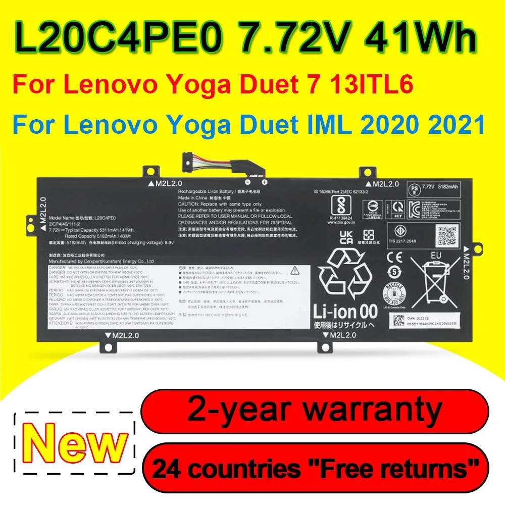 

Аккумулятор для ноутбука Lenovo Yoga Duet 7 13ITL6/IML 2020 2021 Series L20C4PE0 L20M4PE0 L19M4PD8 L19C4PD8 SB11B44629 41 Вт/ч 7,72 в