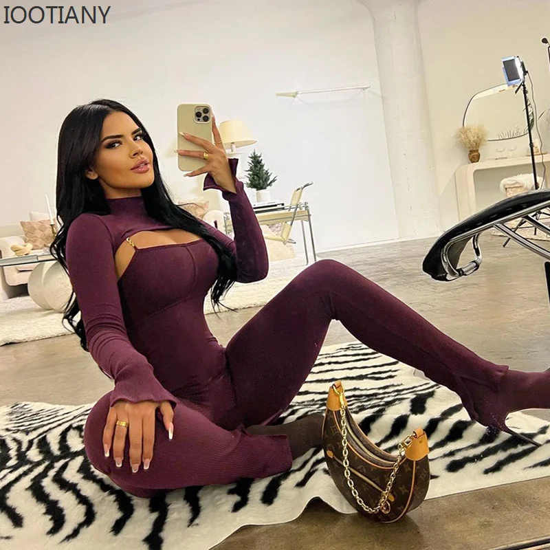 

2023 Ribbed Black Jumpsuits Turtleneck Long Sleeve Bodycon Jumpsuit Fall Winter Clothe Woman Skinny High Stretch Patchwork Suit
