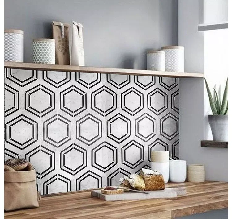 Black and White Hexagon Recycled Marble Wall Tile For Splash Back Washroom