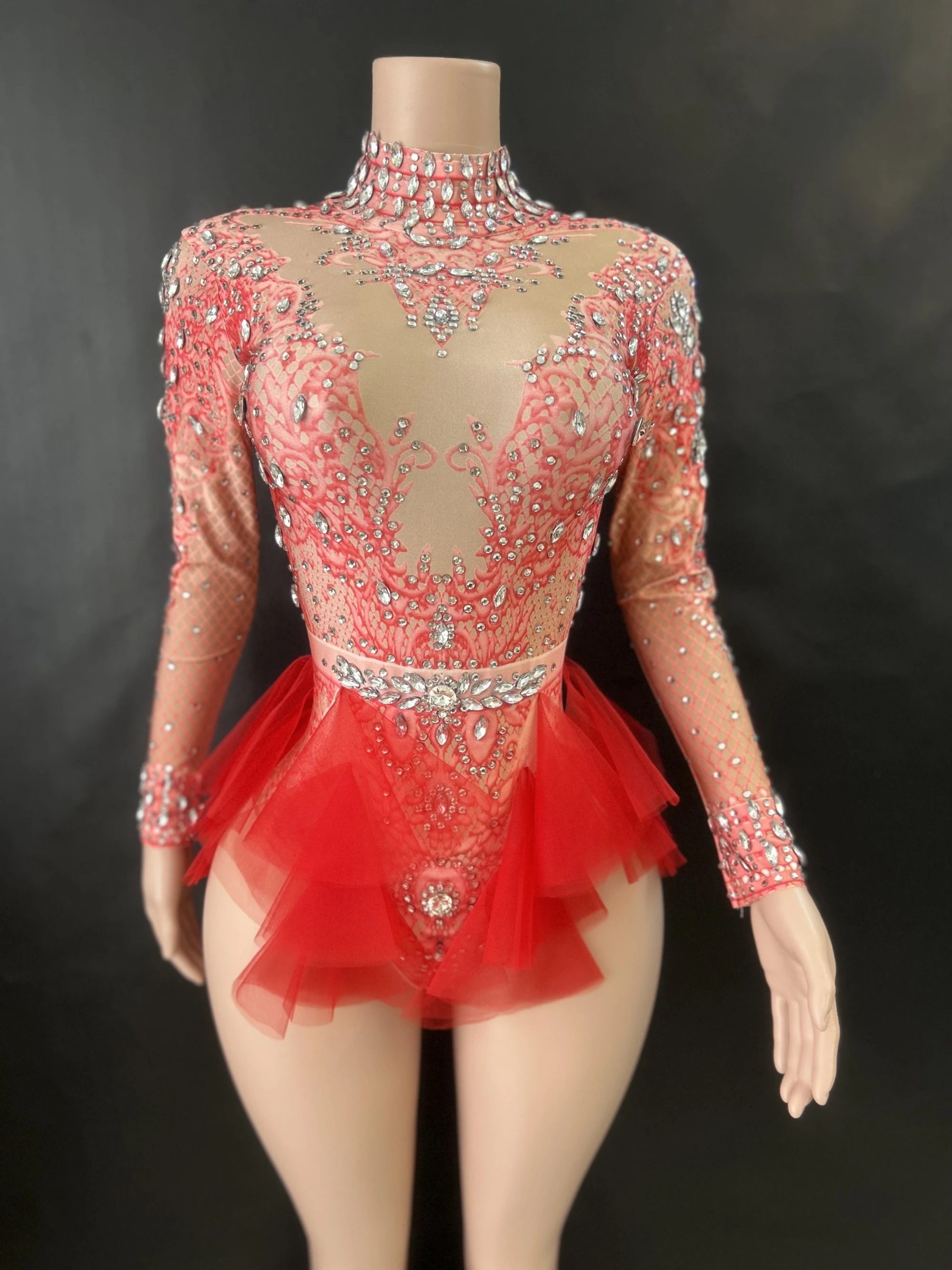 

Fashion Rhinestone pink red Ruffle BodysuitWomen Big Stretch nightclub Prom Bar concertcostume Stage Singer Show dance G7