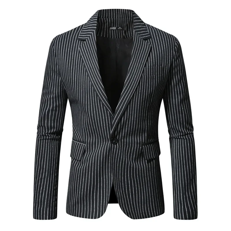 Men's Autumn New British Style Single Button Suit Jacket, Men Casual Fashion Striped Slim-fit Long-sleeve Business Suit Jacket
