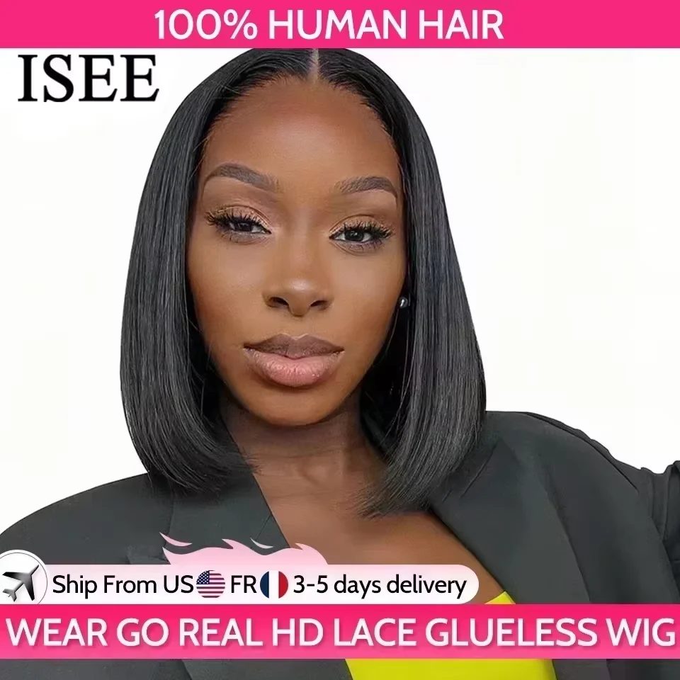 human hair wig ISEE HAIR Wear And Go Glueless Human Hair Wig Bob HD Lace Straight Short Bob 7x5 Lace Frontal Pre Plucked Human Wigs