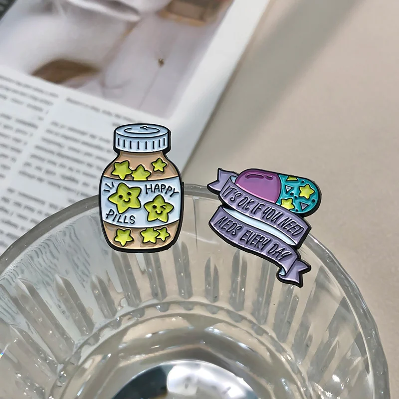 Fun Star Love Pills Enamel Pins Cute Cartoon Bottle Brooch