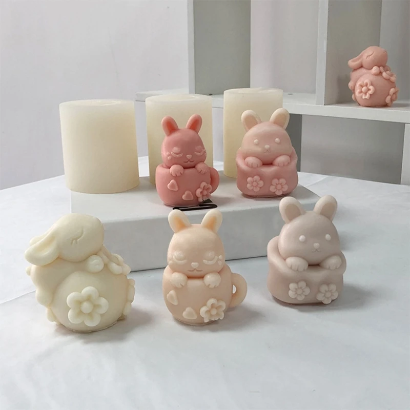 꽃 차 컵 촛불 주조 수지 금형 귀여운 토끼 실리콘 촛불 금형 DIY 퐁당 케이크 초콜릿 장식 도구