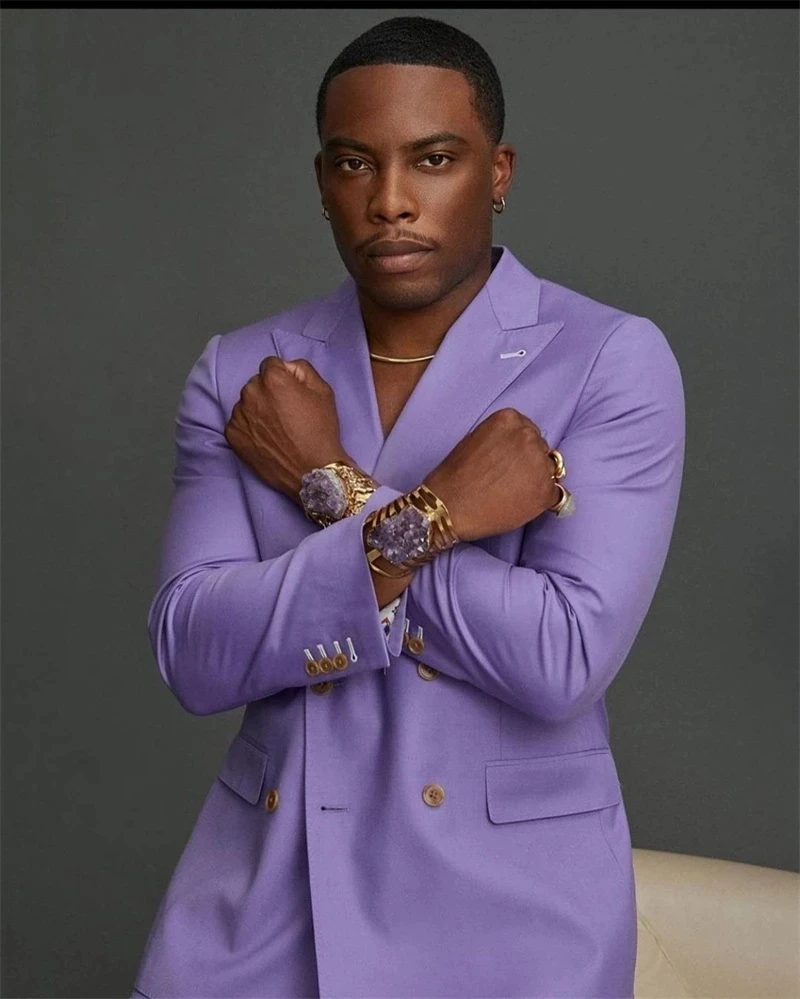Blazer Sets Light Purple Double Breasted Men Suits Costume Homme Prom Terno Masculino Groom Blazer Wedding 2 Pcs (Jacket+Pants)