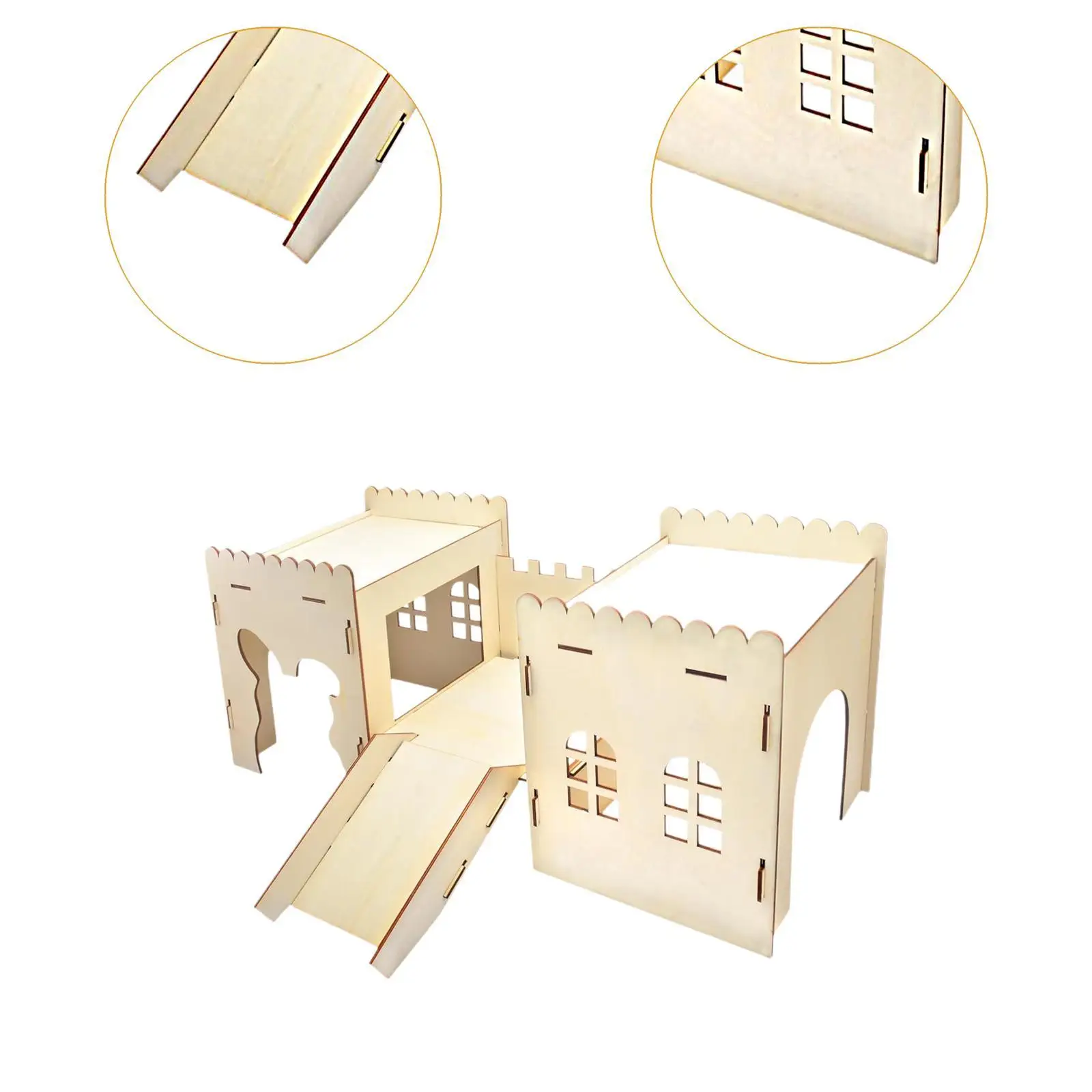 Wooden Bunny Hideout Castle Bed Hut Outdoor with Cave Stairs Wooden Bunny House for Ferret Playing Sleeping Hiding