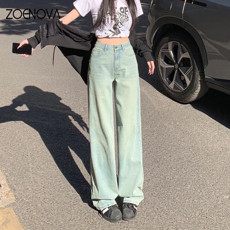 ZOENOVA 아메리칸 레트로 노스탤직 와이드 레그 팬츠, 용수철 스트리트 Y2K 그레이 그린, 하이 웨이스트 스트레이트, 다목적 여성 청바지, 2024 신제품