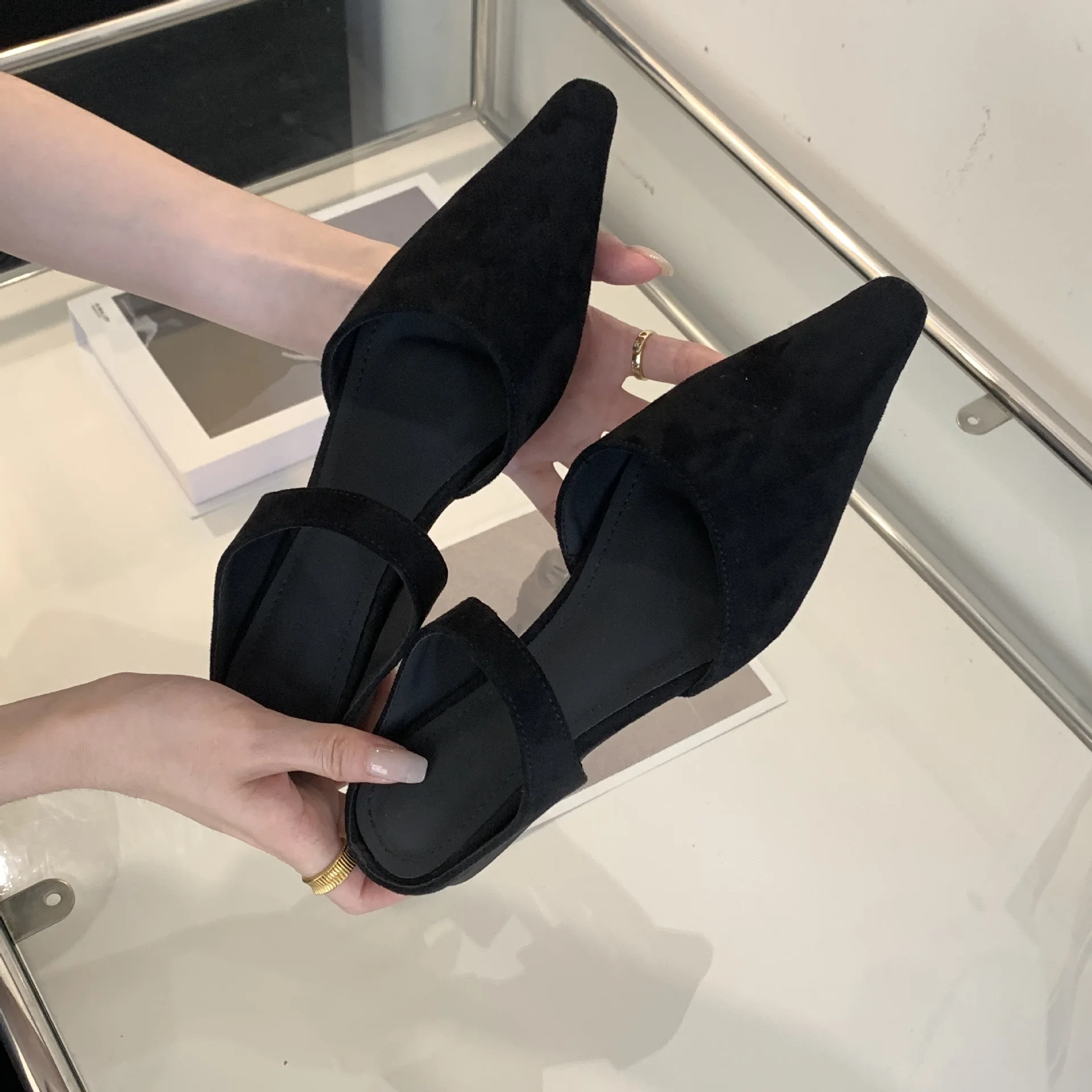 Baotou Half Support Shoes Pointed Flat Heel Sandals Solid Color Small Fragrant Velvet Women's Baotou Back Empty Women's Shoes