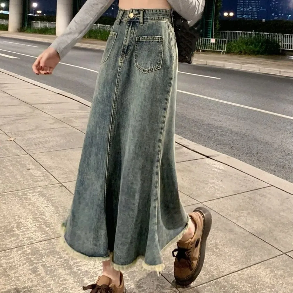 Fashion High Waist Denim Skirt Women Solid Color Chic High Waist Long Skirt Loose Retro A-line Half Dress Daily