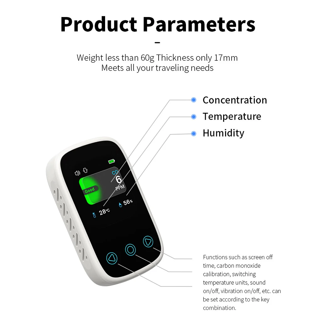 3 in 1 Mini CO Detector NDIR Sensor Portable Carbon Monoxide Gas Analyzer Digital Display Type-C Rechargeable for Outdoor Garage