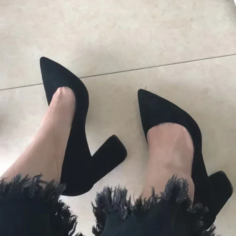 Women Elegant Suede 8.5cm High Heels Formal Occasion Pumps Lady Fashion Party Block High Heels Red Khaki Nightclub Dance Shoes 5