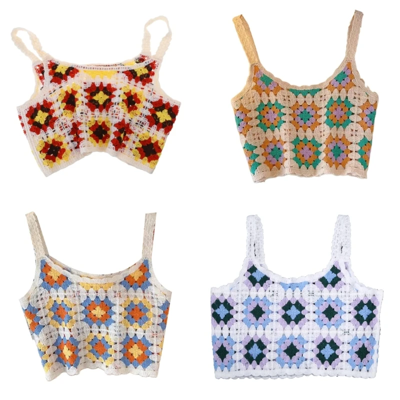 

Women Fashion Knit Ethnic Crochet Floral Vest Sleeveless Skinny Strap Crop for Tank Top Contrast Color Beach Camisole Bl