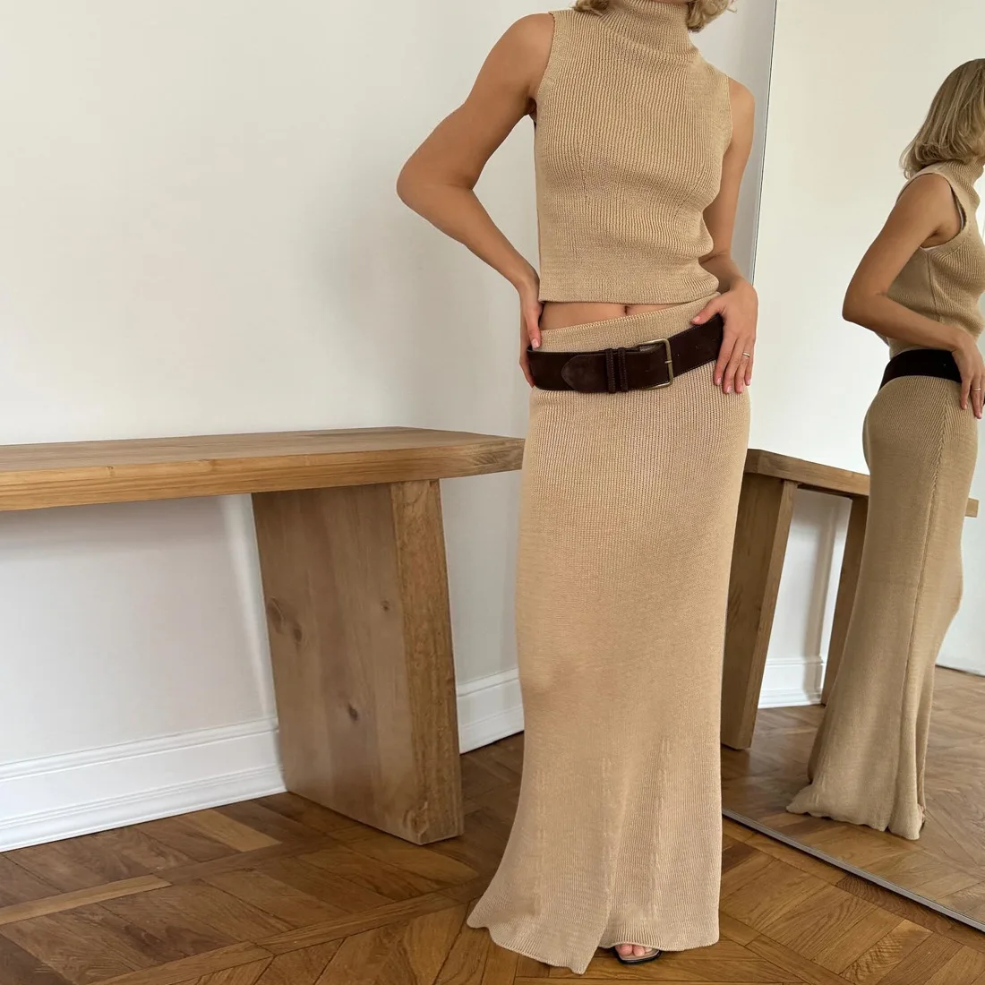 Elegant Sweater Two Pieces Set Sleeveless Knitted Turtleneck Vest High Waist Skirt Female Solid Slim Dress Sets 2025 New