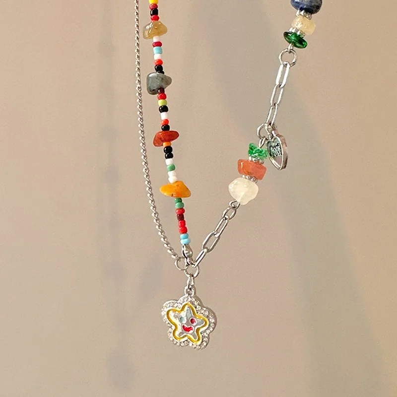 Bohemia Candy Color Cute Necklace for Women Star Pendant Beaded Clavicle Chain Multicolor Y2K Vacation Jewelry Accessories