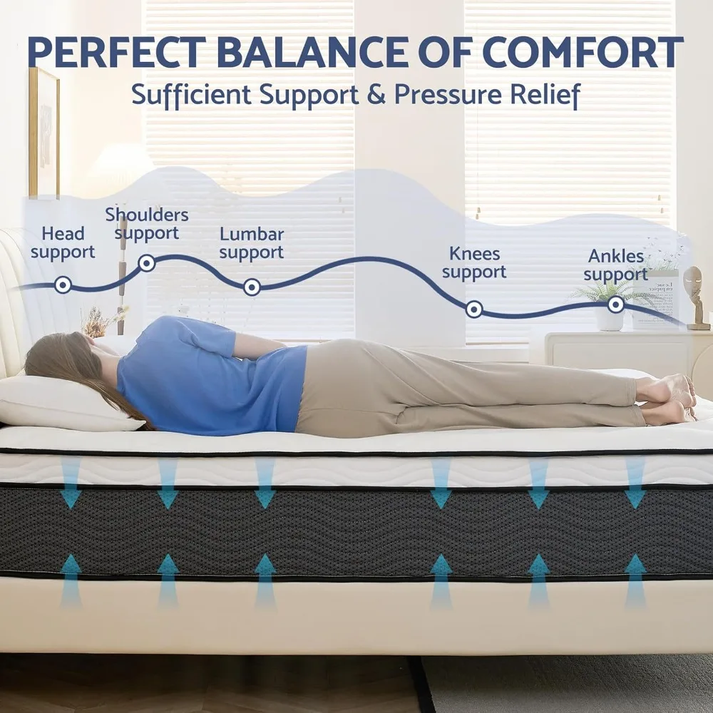 Queen Size Mattress, 14 Inch Hybrid Pillow Top Mattresses in a Box, Medium Firm Mattress for Back Pain, Fiberglass Free 2