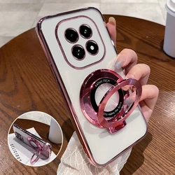 Enhanced Magnetic Bracket Holder Plating Case with Stand and Transparent Cover for Honor 300 5G (Pink)