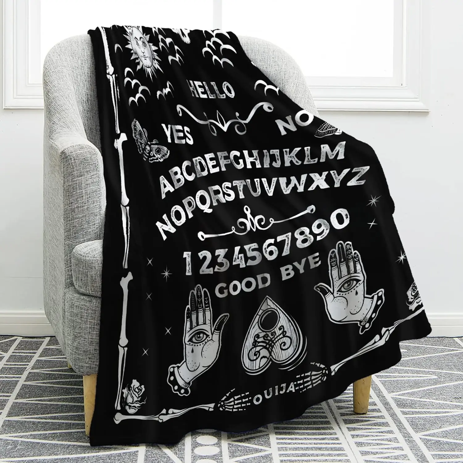 Ouija Board Blanket Gothic Witch Gift for Halloween Sun Moon Skeleton Skull Horror Spooky for Decor Throw Blankets Black 50"x60" 3