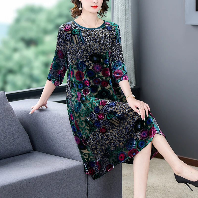 

2023 New Fashion Silk Printed Dress Women's Summer Versatile Loose Fit Round Neck 7/4 Sleeve Casual Holiday Dress Vesidos