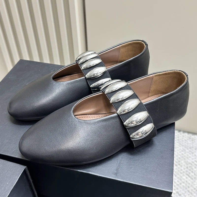 

Silver Metal Women Single Shoes Black Leather Slip-On Chaussure Femme Flat Tacones Para Mujer Round Toe Sapatos Feminino 2024