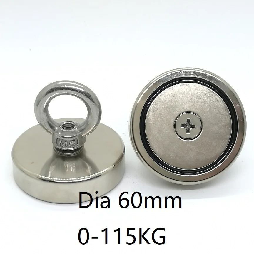 Powerful Neodymium Salvage Magnet with Stainless Steel Eyebolt Hook Holder, Diameter 16mm-60mm