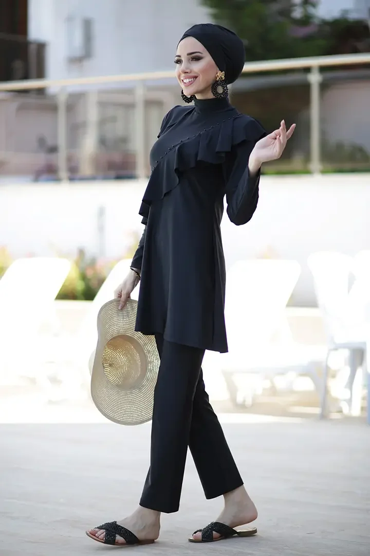 Folded modest bathing suit for women in packaging with size tag visible