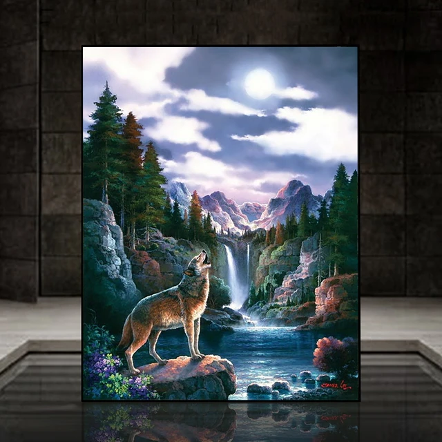 5D Scenery Diamond Painting Forest Stream Animal Fox Pattern Hands