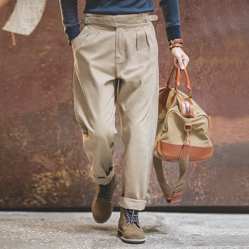Casual Pants Maden Vintage Khaki Gurkha Pants Adjustable High Waist Casual Cargo Work Pants Classic Straight Trousers Men's Spring and Fall