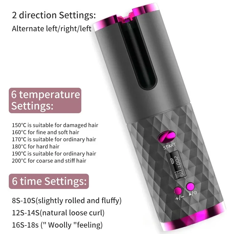 Automatic Hair Curler Portable Wireless USB Rechargeable Auto Rotating Curlers Ceramic Wand Curling Iron Hair Styling Appliance