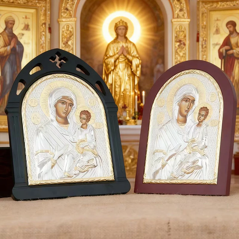 Neue 2026 Ostorthodoxe Familien-Anbetungsstatue: Goldverzierte Silber-Madonna mit Kind, Heilige Statue als Religiöses Ornament – Detail 8