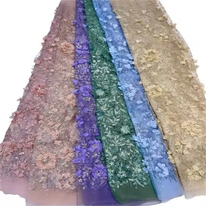 2023 Luxury Green African Lace Fabric 3D Flower Tulle Lace Fabric Seques Ricamato French 5 Yards Dress Sew For Women